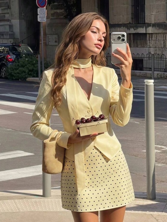 Rebellious Rose Dresses & Skirts - MOD Women's Pastel Yellow V-Neck Long Sleeve Top And Skirt 2 Pieces Set